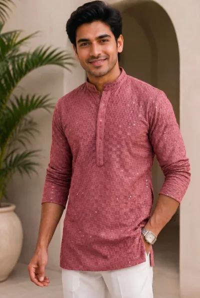 Stylish Chikan Work Fabric in  Full Sleeves Short kurta